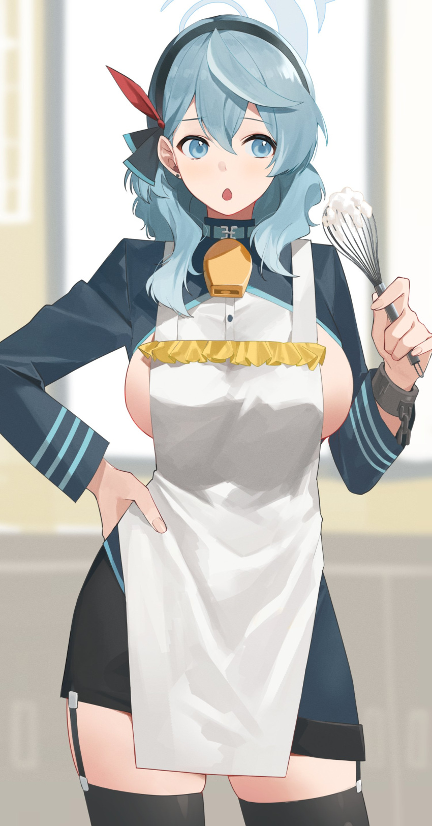 1girl absurdres ako_(blue_archive) ao_tsukushi apron bell blue_archive blue_eyes blue_hair blue_halo breasts hair_between_eyes hairband halo highres holding holding_whisk large_breasts long_hair neck_bell open_mouth sideboob sideless_dress sideless_outfit sideless_shirt single_handcuff solo thighhighs whisk white_apron