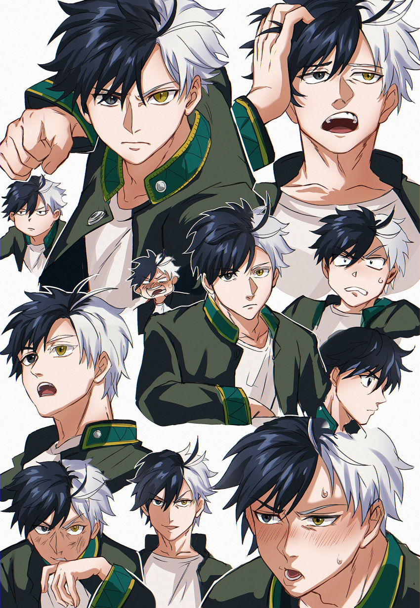 1boy absurdres black_hair collarbone heterochromia highres jacket long_sleeves multicolored_hair multiple_views open_mouth popped_collar sakura_haruka_(wind_breaker) school_uniform shirt short_hair situno_free001 split-color_hair undershirt v-shaped_eyebrows white_hair white_shirt wind_breaker_(nii_satoru)