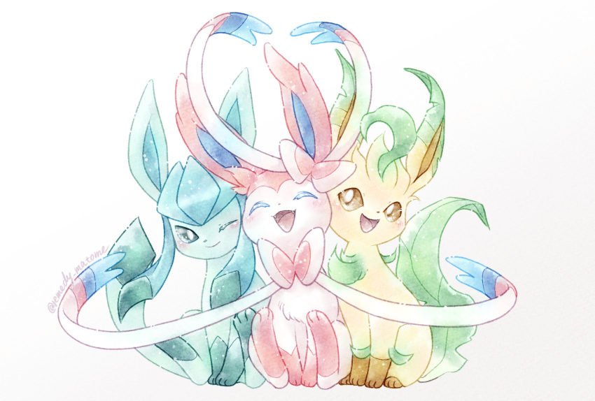 animal_focus blue_fur blue_sclera blush body_fur bow bowtie bright_pupils brown_sclera closed_eyes closed_mouth colored_sclera creature evolutionary_line glaceon green_fur highres leaf leafeon looking_at_viewer no_humans open_mouth pink_bow pink_bowtie pokemon pokemon_(creature) prehensile_ribbon remedy_matome ribbon simple_background sitting smile sylveon tail tongue twitter_username two-tone_fur white_background white_fur white_pupils yellow_fur