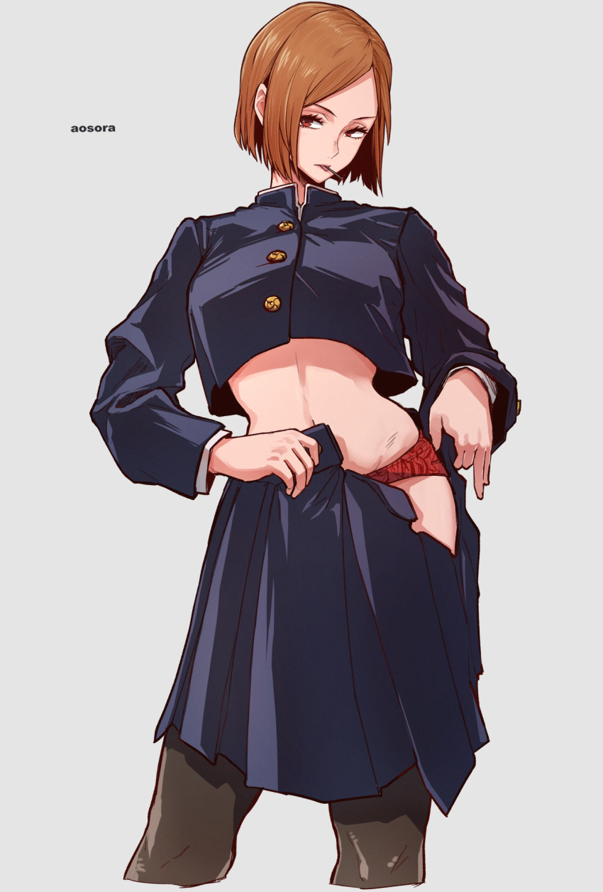 1girl aosora2823 artist_name black_jacket black_skirt breasts brown_eyes brown_hair commentary cropped_jacket highres jacket jujutsu_kaisen jujutsu_tech_uniform kugisaki_nobara large_breasts long_sleeves mouth_hold nail panties pleated_skirt red_panties school_uniform short_hair simple_background skirt solo swept_bangs underwear undressing