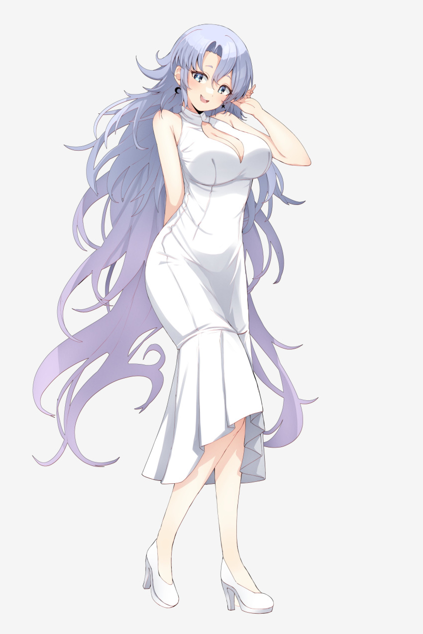 1girl absurdres arm_behind_back bangs blue_eyes breasts cleavage cleavage_cutout clothing_cutout dress earrings full_body hair_between_eyes hand_up high_heels highres jewelry large_breasts long_hair open_mouth phase_connect purple_hair shisui_michiru_(phase_connect) sleeveless sleeveless_dress smile solo teeth upper_teeth valefal_coneri white_dress white_footwear