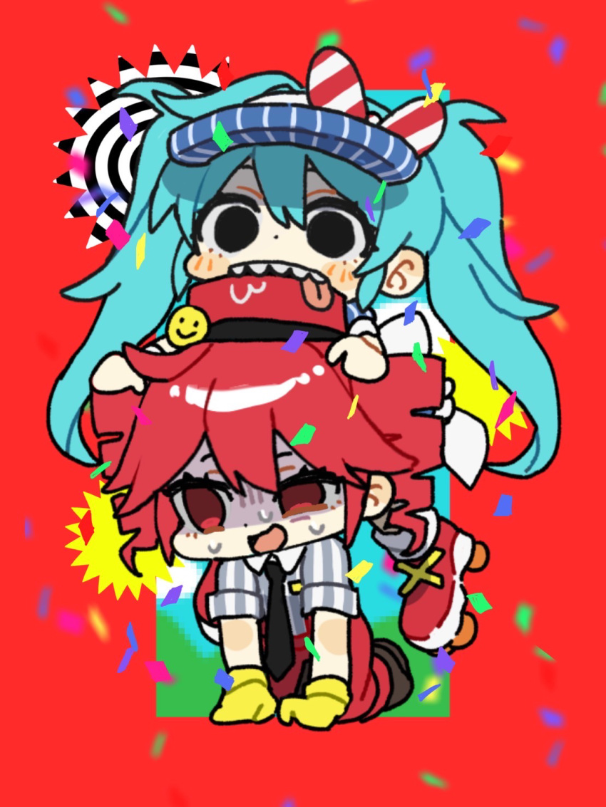 2girls aqua_hair biting_another's_clothes black_eyes black_necktie blue_hat blush_stickers bow brown_footwear chibi collared_shirt confetti drill_hair empty_eyes false_smile gloves grey_shirt hair_between_eyes hat hatsune_miku highres itomaki_(itoma_11010) kasane_teto mesmerizer_(vocaloid) multiple_girls necktie open_mouth pants pinstripe_hat prostration red_background red_bow red_eyes red_hair red_hat red_pants red_suspenders shaded_face sharp_teeth shirt short_sleeves sidelocks smile smiley_face spiral striped_bow striped_clothes striped_headwear striped_shirt suspenders sweat teeth tongue tongue_out twin_drills twintails utau vertical-striped_clothes vertical-striped_headwear vertical-striped_shirt vocaloid yellow_gloves