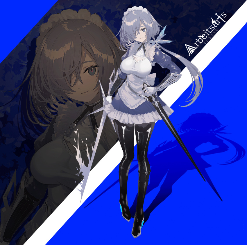 1girl bangs breasts dress frilled_dress frills gloves grey_eyes grey_hair hair_over_one_eye highres holding holding_sword holding_weapon large_breasts long_bangs long_hair looking_at_viewer maid original ponytail scabbard sheath shiny shiny_clothes shiny_legwear smile solo sword tokiti weapon white_gloves wrist_guards zoom_layer