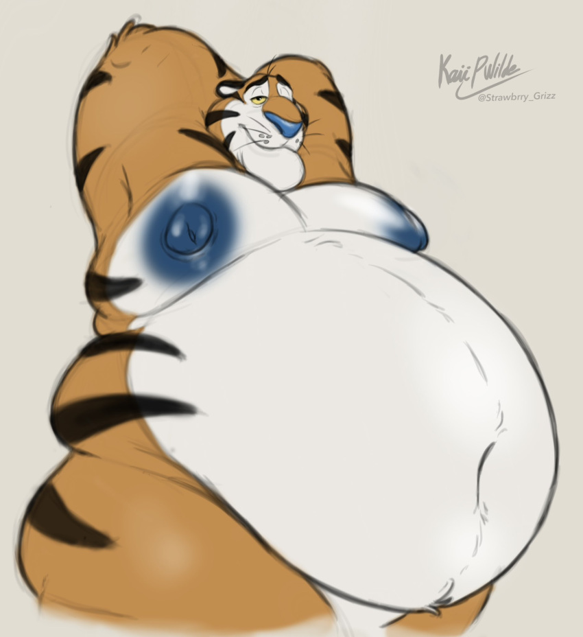 anthro belly big_belly blue_nipples felid frosted_flakes hi_res husky2paws kellogg's male male_anthro mammal mascot moobs nipples nude_anthro nude_male orange_body overweight overweight_anthro overweight_male pantherine simple_background solo striped_body stripes tiger tony_the_tiger