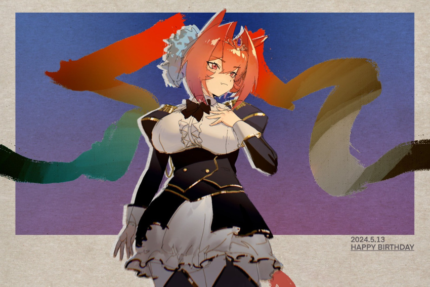 1girl alternate_hair_color animal_ears breasts closed_mouth corset daiwa_scarlet_(umamusume) dress fang frills gradient_hair hair_between_eyes hair_intakes hair_ornament hand_on_own_chest highres horse_ears horse_girl large_breasts long_hair long_sleeves looking_to_the_side multicolored_hair orange_hair puffy_sleeves red_eyes red_hair ribbon skirt solo tail thighhighs tiara twintails umamusume utsuru4 very_long_hair