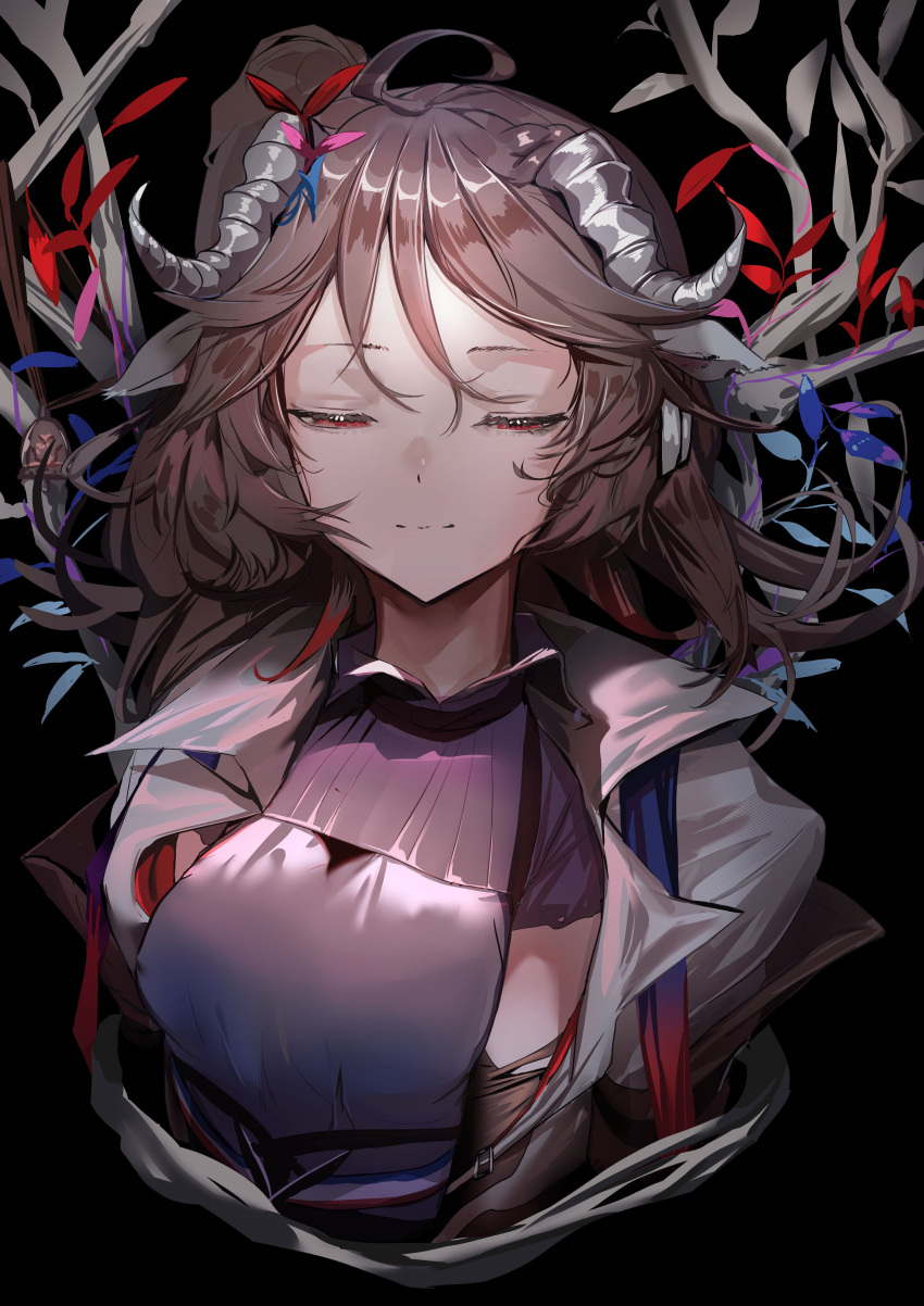 1girl absurdres animal_ears arknights black_background brown_hair closed_eyes coat commentary_request cropped_torso eyjafjalla_(arknights) eyjafjalla_the_hvit_aska_(arknights) highres horns lab_coat leaf light_smile long_hair purple_shirt saigakobaru sheep_ears sheep_horns shirt simple_background solo white_coat