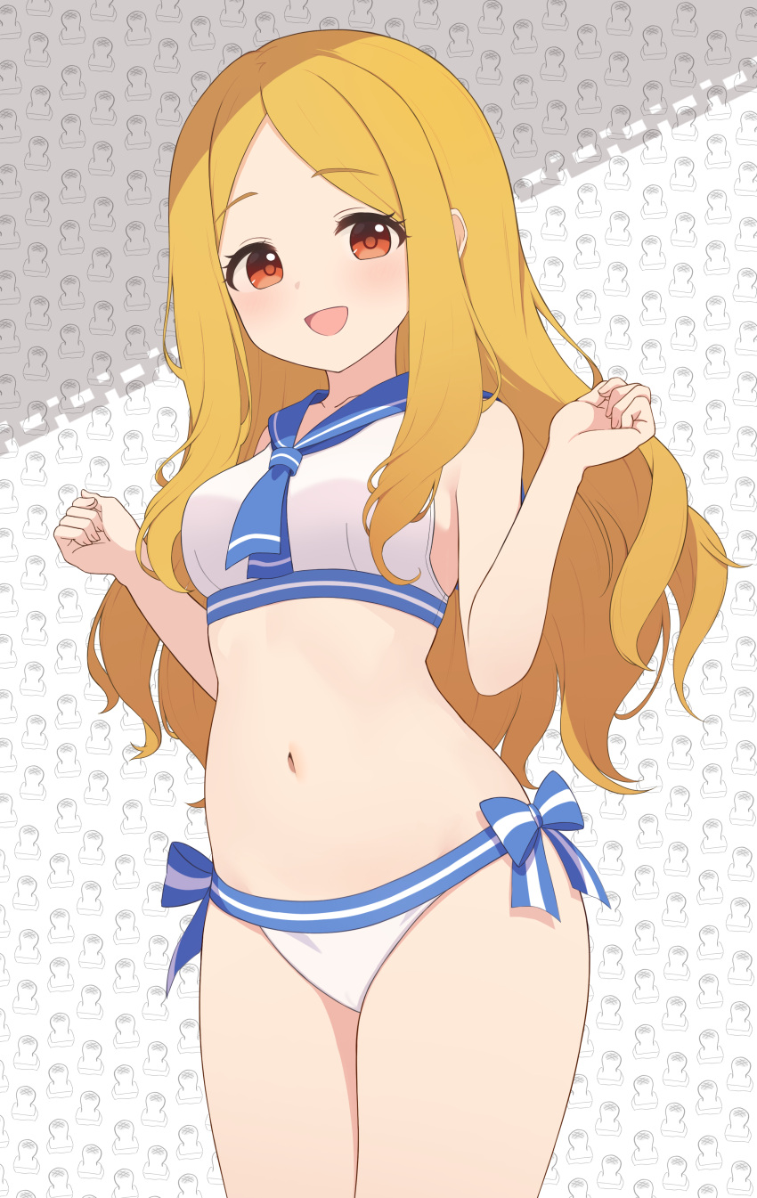 1girl absurdres alternate_costume blonde_hair blush breasts clenched_hands commentary_request hazuki_lime highres idolmaster idolmaster_cinderella_girls long_hair looking_at_viewer mochizuki_hijiri navel parted_bangs sailor_bikini sailor_collar sailor_swimsuit_(idolmaster) small_breasts smile solo stomach very_long_hair