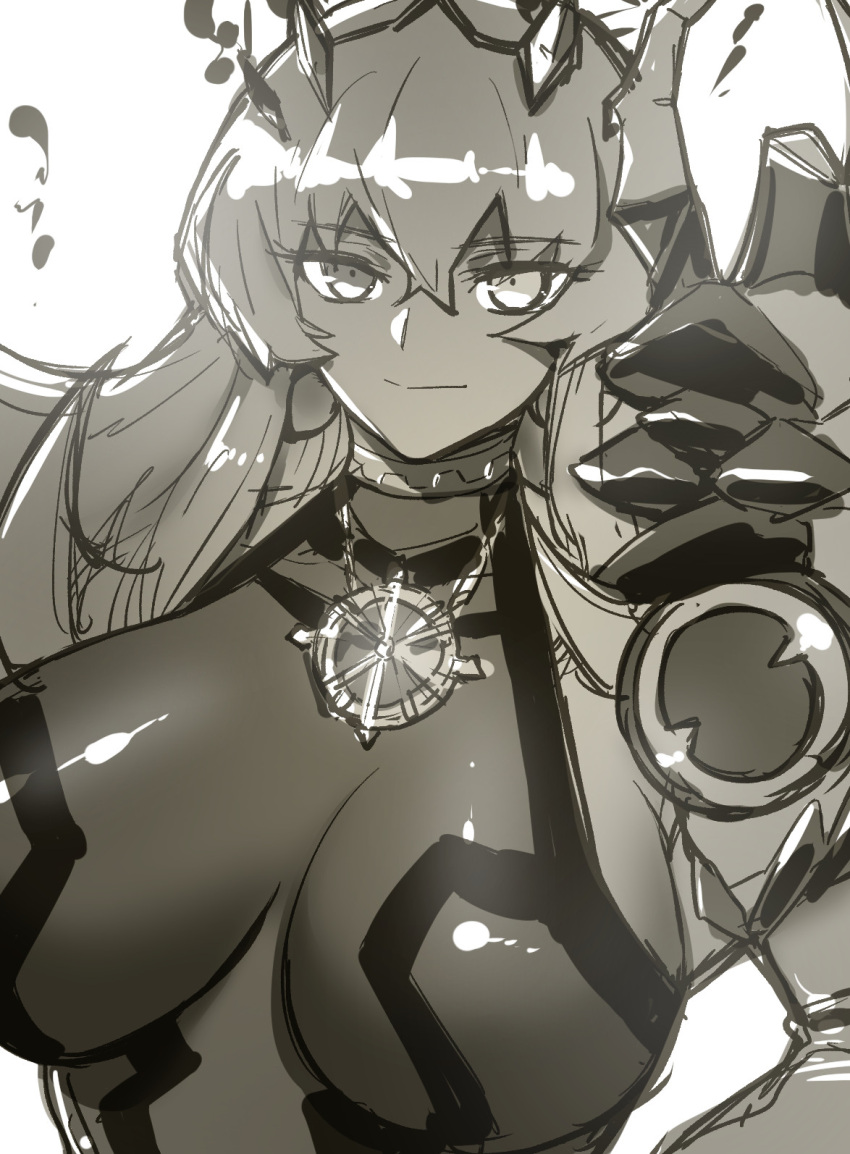 1girl aoba_(smartbeat) armor bangs bare_shoulders breasts dress earrings fairy_knight_gawain_(fate) fairy_knight_gawain_(second_ascension)_(fate) fate/grand_order fate_(series) gauntlets greyscale highres horns jewelry large_breasts long_hair looking_at_viewer monochrome necklace pauldrons shoulder_armor sideboob single_gauntlet single_pauldron smile solo