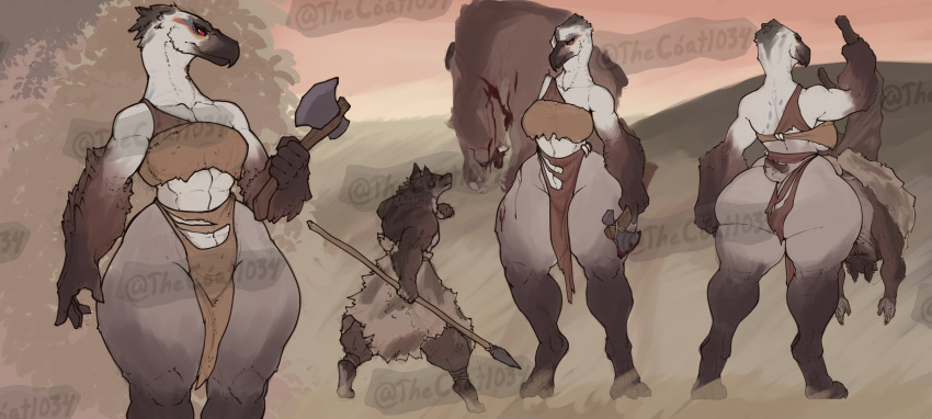 absurd_res anthro avian axe beak bird breasts cariamiform female hi_res larger_female red_eyes size_difference solo tail terror_bird thecoatl034 tribal wide_hips