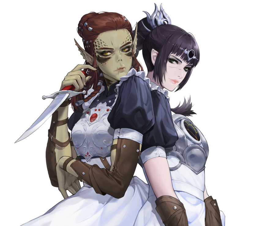 2girls alternate_costume apron arm_across_waist armor back-to-back baldur's_gate baldur's_gate_3 black_hair black_shirt bracer braid breastplate brown_hair circlet colored_skin commentary_request cosmiclatte3cup cowboy_shot dagger dungeons_&amp;_dragons elf facial_tattoo gith_(dungeons_&amp;_dragons) green_eyes green_skin hair_bun half_updo hand_up highres holding holding_dagger holding_knife holding_weapon knife korean_commentary lae'zel long_hair looking_at_viewer maid_apron medium_hair multi-tied_hair multiple_braids multiple_girls pale_skin pointy_ears ponytail puffy_short_sleeves puffy_sleeves scar scar_on_face scar_on_mouth scar_on_nose shadowheart_(baldur's_gate) shirt short_sleeves simple_background single_hair_bun slit_pupils smile tattoo weapon white_apron white_background yellow_eyes