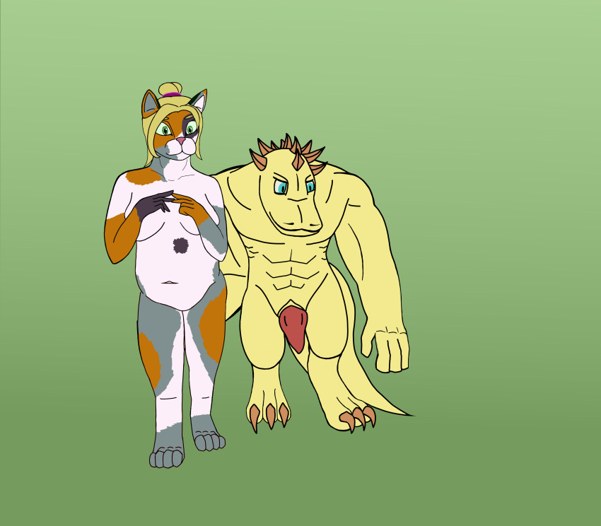 absurd_res ails anthro calico_cat domestic_cat duo felid feline felis female hi_res knot looking_at_viewer male male/female mammal nervous nude nude_anthro nude_female nude_male scalie simple_background standing