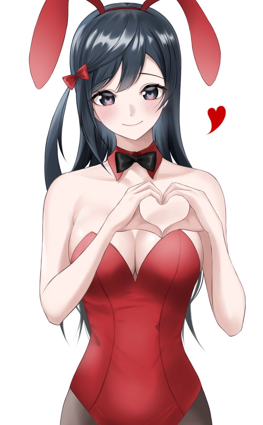1girl absurdres animal_ears bangs bare_arms bare_shoulders black_bow black_bowtie black_eyes black_hair blush bow bowtie breasts cleavage detached_collar eyebrows_behind_hair fake_animal_ears hair_bow hair_ornament hairband heart heart_hands highres leotard long_hair looking_at_viewer love_live! love_live!_nijigasaki_high_school_idol_club medium_breasts pantyhose playboy_bunny rabbit_ears red_bow red_leotard simple_background sleeveless smile solo strapless strapless_leotard ta_02ss white_background yuuki_setsuna_(love_live!)