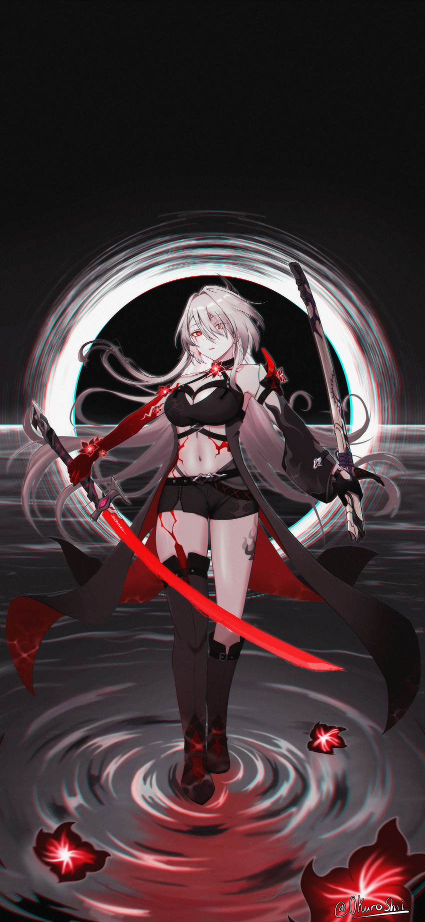 0kuroshii 1girl absurdres acheron_(honkai:_star_rail) armor asymmetrical_legwear belt black_belt black_choker black_coat black_gloves black_hole black_shorts blood blood_from_eyes body_markings boots breasts bright_pupils choker chromatic_aberration cleavage coat coattails colored_extremities commentary_request criss-cross_halter crop_top detached_sleeves earrings electricity english_commentary eyes_visible_through_hair flower gloves glowing glowing_sword glowing_weapon hair_intakes hair_ornament hair_over_one_eye halterneck highres holding holding_sword holding_weapon honkai:_star_rail honkai_(series) jewelry knee_boots large_breasts leg_tattoo long_hair looking_at_viewer midriff navel parted_lips partial_commentary red_eyes red_flower ripples scabbard sheath shorts shoulder_armor sidelocks single_detached_sleeve single_glove single_knee_boot single_thigh_boot single_wide_sleeve solo standing sword tattoo thigh_boots twitter_username unsheathed very_long_hair wading weapon white_hair white_pupils