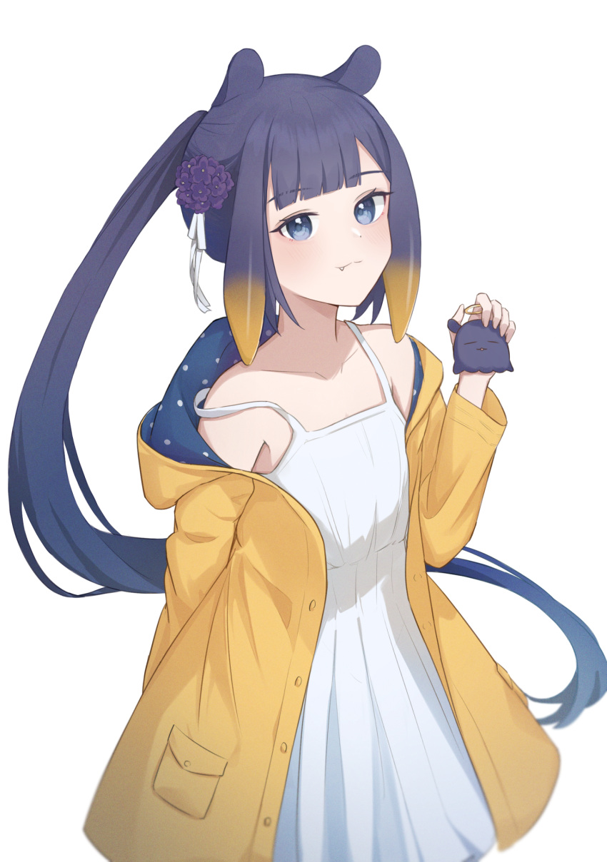 1girl dress fang flower grey_eyes hair_flower hair_ornament highres hololive hololive_english jacket long_hair looking_at_viewer moonlightlight ninomae_ina'nis ponytail purple_hair smile takodachi_(ninomae_ina'nis) tentacle_hair violet_(ninomae_ina'nis) virtual_youtuber white_background white_dress yellow_jacket