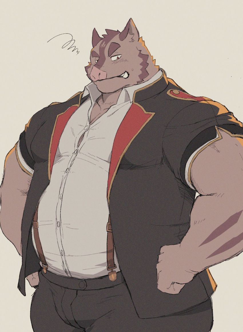 2024 anthro belly bottomwear brown_body clothing hermann_(knights_college) hi_res inabayasuri kemono knights_college male mammal overweight overweight_male pants shirt simple_background solo suid suina sus_(pig) suspenders topwear wild_boar