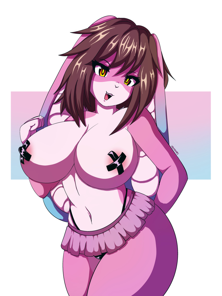 2024 3:4 absurd_res anthro aquakey big_breasts blush bodily_fluids breasts canid canine clothed clothing digital_media_(artwork) female fox hair hi_res lagomorph leporid looking_at_viewer mammal open_mouth pink_body rabbit simple_background smile solo