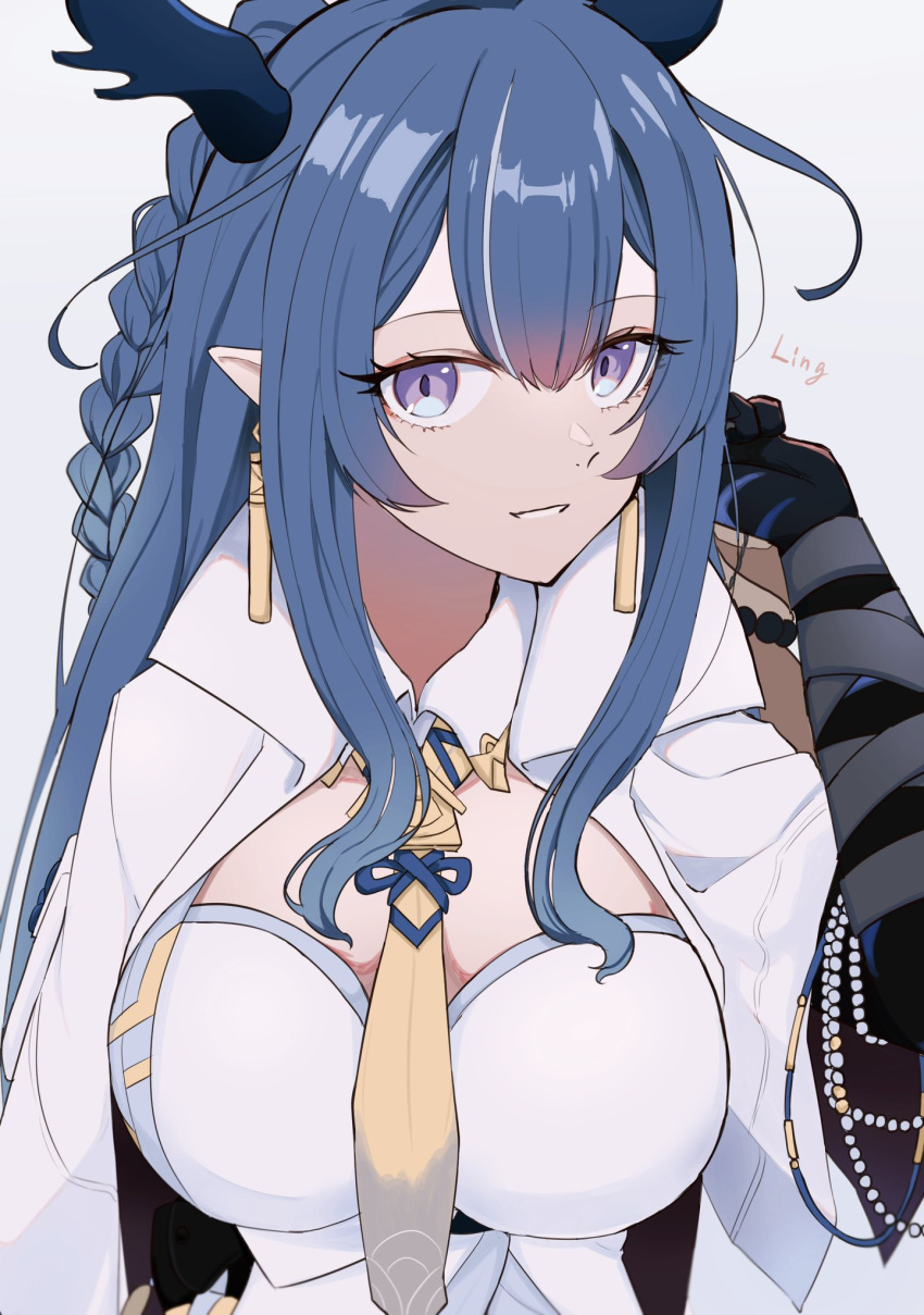 1girl arknights black_skin blue_eyes blue_hair blue_horns braid breasts coat colored_skin dragon_girl dragon_horns earrings grey_background hair_between_eyes highres horns jacket jewelry large_breasts ling_(arknights) long_hair looking_at_viewer necktie open_clothes open_coat pointy_ears purple_eyes sima_(164s25) simple_background smile solo upper_body yellow_necktie
