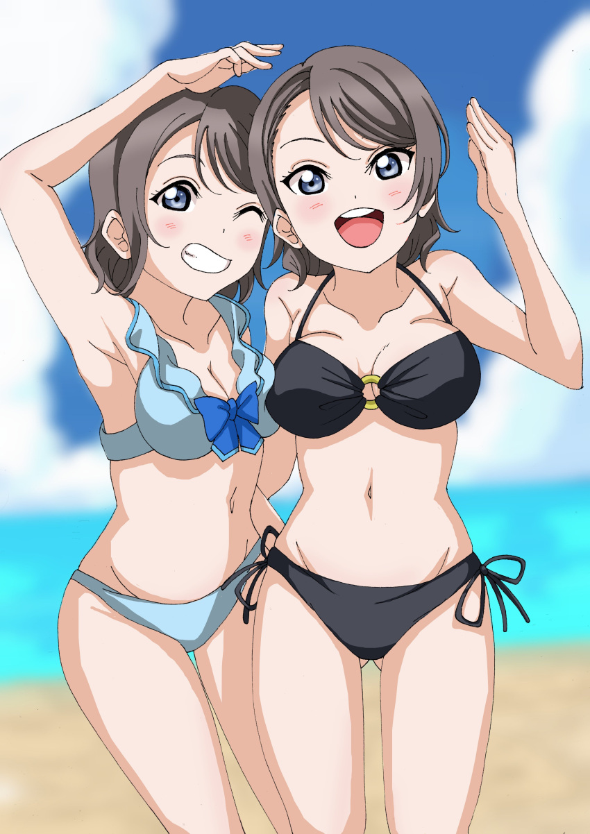 absurdres ass ass_visible_through_thighs beach blue_eyes breasts brown_hair cleavage highres love_live! love_live!_sunshine!! midriff multiple_girls navel salute sand short_hair sky swimsuit thighs uroji_geta watanabe_you watanabe_you's_mother