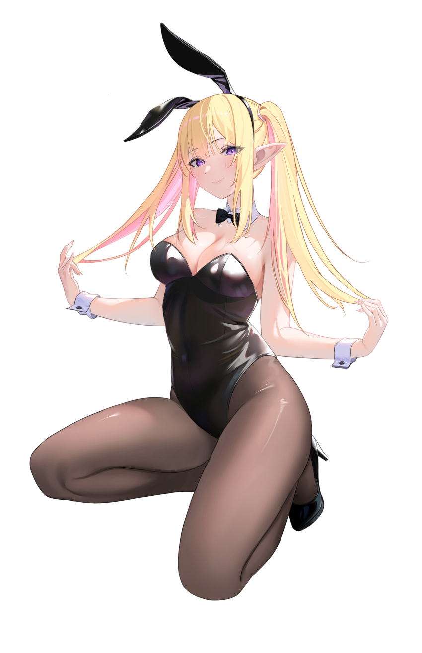 1girl absurdres animal_ears black_bow black_bowtie black_footwear black_leotard black_pantyhose blonde_hair bow bowtie breasts closed_mouth colored_inner_hair commentary_request covered_navel detached_collar fingernails high_heels highleg highleg_leotard highres holding holding_hair kneeling large_breasts leotard light_blush long_fingernails long_hair long_pointy_ears looking_at_viewer multicolored_hair nail_polish original pantyhose pink_hair pink_nails playboy_bunny pointy_ears pumps purple_eyes rabbit_ears shiny_clothes simple_background smile solo strapless strapless_leotard thighs twintails two-tone_hair white_background white_wrist_cuffs wrist_cuffs yingchuishiting