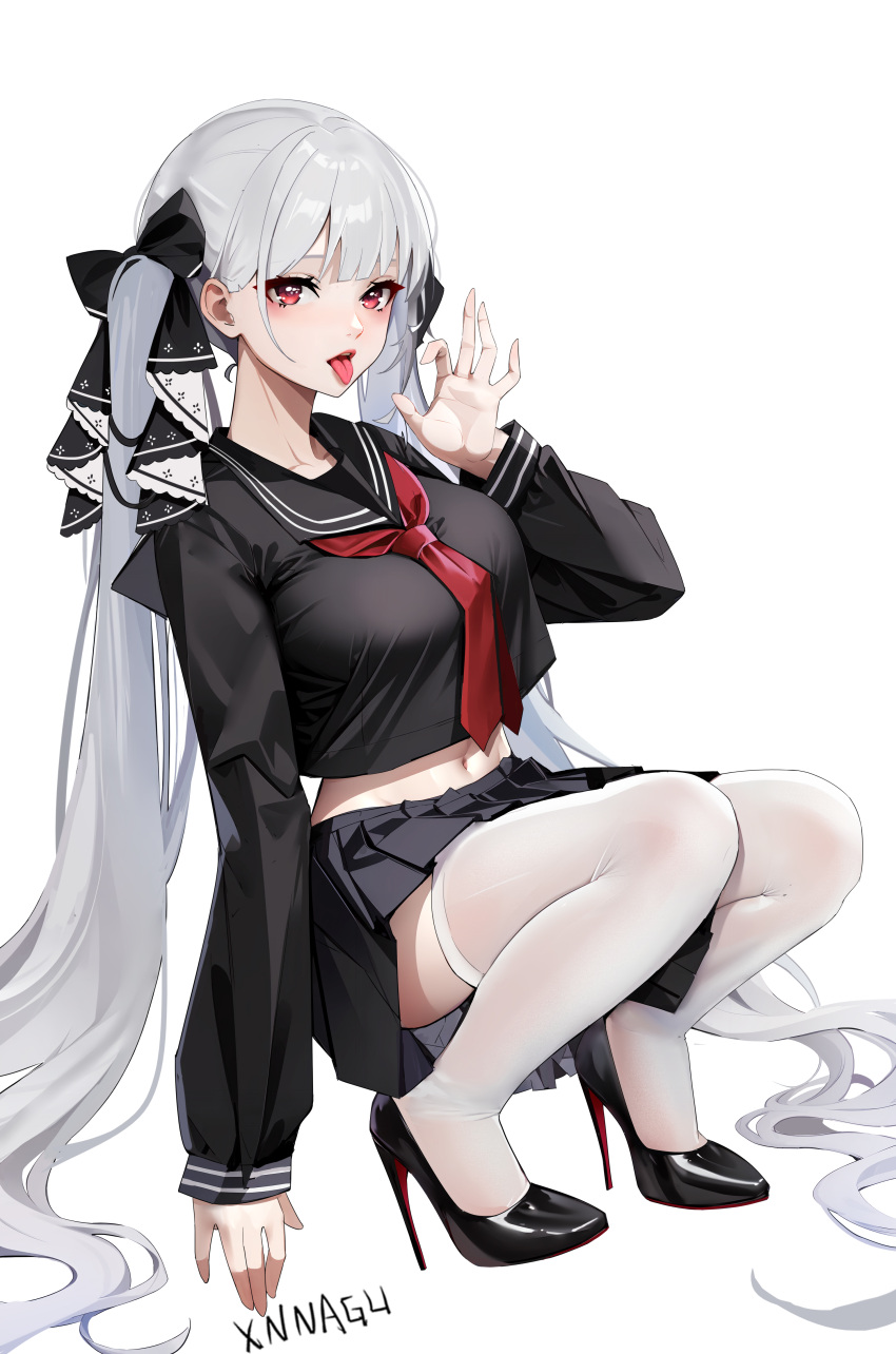 1girl absurdres artist_name azur_lane black_sailor_collar black_serafuku black_skirt breasts fellatio_gesture formidable_(azur_lane) formidable_(the_lover's_heart_flutters_on_duty)_(azur_lane) full_body grey_hair hair_ribbon high_heels highres large_breasts long_hair looking_at_viewer navel navel_peek neckerchief official_alternate_costume red_eyes red_neckerchief ribbon sailor_collar school_uniform serafuku skirt squatting thighhighs tongue tongue_out twintails two-sided_ribbon two-tone_ribbon very_long_hair white_background white_thighhighs xnnagu