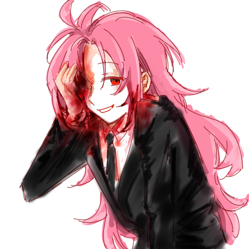 1boy 7565948183 absurdres black_jacket black_necktie blood blood_in_hair blood_on_clothes blood_on_face blood_on_hands chinese_commentary collared_shirt commentary_request hatsutori_hajime highres jacket long_hair male_focus missing_eye necktie pink_hair red_eyes saibou_shinkyoku shirt simple_background sketch smile solo suit_jacket upper_body white_background white_shirt