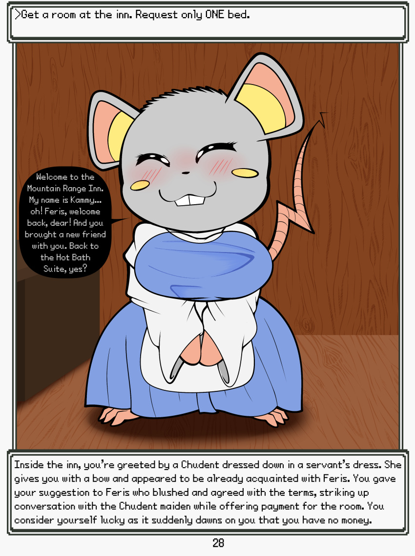 absurd_res anthro blush buckteeth chudent_(rodent_powered) claws clothing curvy_figure dress female fur grey_body grey_fur hi_res kammy_(rodent_powered) nintendo pokemon pokemon_mystery_dungeon rodent_powered_(softestpuffss) smile softestpuffss solo speech_bubble spike_chunsoft story_in_picture teeth text toe_claws