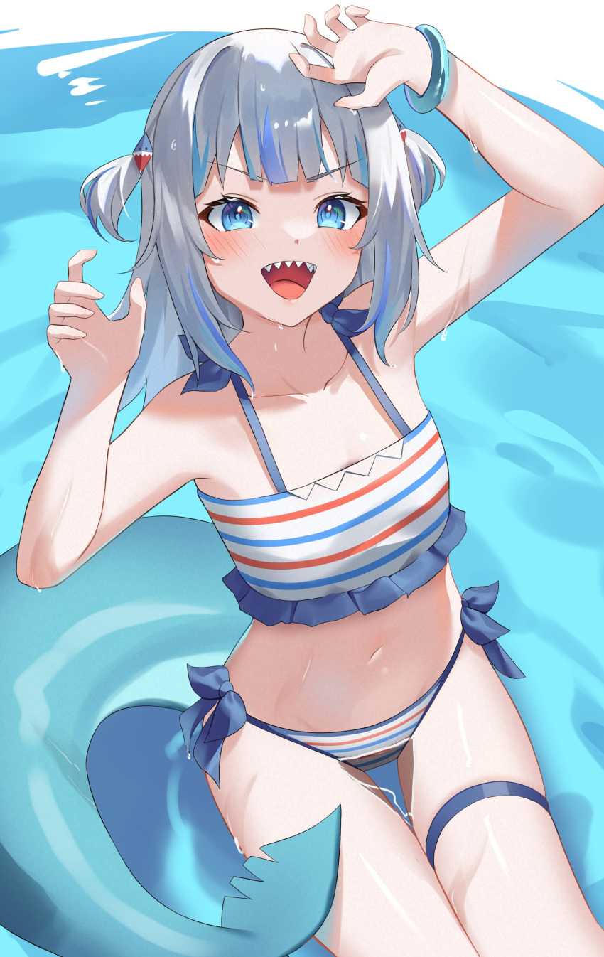 1girl :d absurdres arm_up bikini blue_bracelet blue_eyes blue_hair blush bracelet commentary_request fins fish_tail flat_chest gawr_gura grey_hair hair_ornament hand_up highres hololive hololive_english horizontal-striped_bikini jewelry long_hair looking_at_viewer midriff multicolored_hair navel open_hand open_mouth pendora1022 shark_girl shark_hair_ornament shark_tail sharp_teeth side-tie_bikini_bottom sitting smile solo streaked_hair swimsuit tail teeth thigh_gap thigh_strap two-tone_hair v-shaped_eyebrows virtual_youtuber water wet