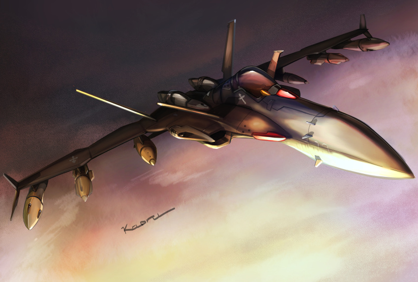 absurdres anti-u.n. bomb canards canopy_(aircraft) cloud dusk dutch_angle explosive flying gun highres machine_gun macross macross_zero missile missile_pod moonshine_pizza muzzle no_humans roundel science_fiction signature sv-51 variable_fighter weapon