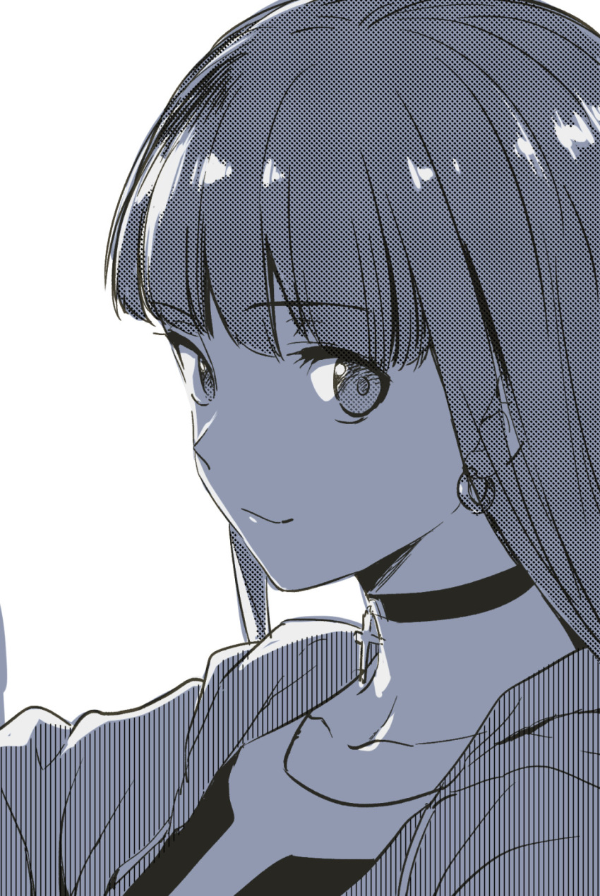 1girl aoba_(smartbeat) bangs breasts choker collarbone cross cross_choker fate/grand_order fate_(series) greyscale highres jacket large_breasts long_hair long_sleeves looking_at_viewer martha_(fate) monochrome open_clothes open_jacket smile solo sports_bra