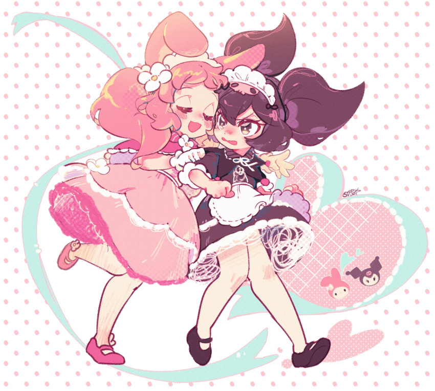 2girls alternate_costume animal_ears apron bare_legs black_capelet black_dress black_eyes black_footwear black_ribbon black_sleeves blue_ribbon blush bow bowtie capelet center_frills chou_ji_yun closed_eyes collared_dress commentary_request dress embarrassed enmaided eyelashes floppy_ears flower flower_brooch footwear_flower frilled_apron frilled_hairband frilled_sleeves frills full_body gloves hair_flower hair_ornament hair_ribbon hairband hairclip hand_on_another's_arm heart highres hug hug_from_behind korean_commentary kuromi lace-trimmed_capelet lace-trimmed_dress lace_trim long_hair long_sleeves looking_at_another maid maid_headdress mary_janes multiple_girls my_melody neck_ribbon open_mouth personification petticoat pink_bow pink_bowtie pink_capelet pink_dress pink_footwear pink_hair pocket polka_dot polka_dot_background rabbit_ears ribbon ribbon-trimmed_apron ribbon_trim sanrio shoes short_dress signature simple_background single_glove skull_hair_ornament sleeves_past_elbows smile twintails v-shaped_eyebrows vertical-striped_bowtie waist_apron wavy_mouth white_background white_flower white_gloves white_hairband white_ribbon
