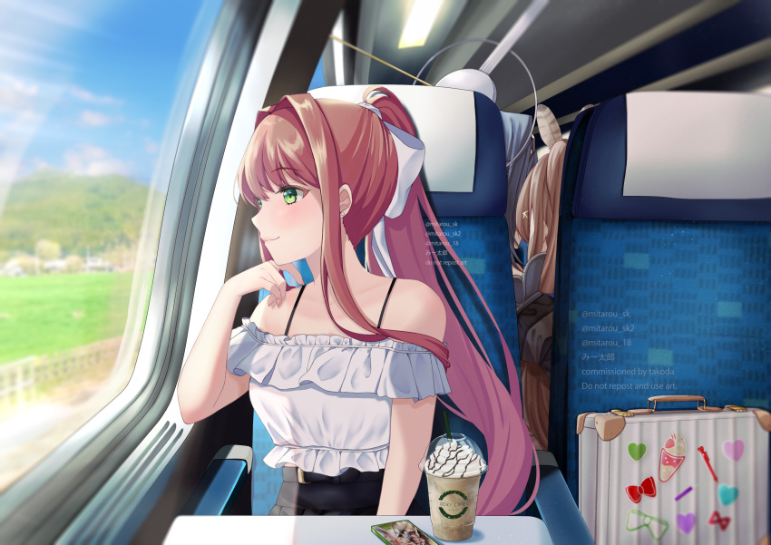 3girls absurdres black_bra black_skirt blue_hair blush bow bra bra_strap breasts briefcase brown_hair cleavage cloud commission cup day doki_doki_literature_club drinking_straw english_commentary english_text feather_hair_ornament feathers grass green_eyes hair_bow hair_ornament halo head_tilt heads_together high-waist_skirt highres holding holding_cup hololive hololive_english long_hair looking_outside mechanical_halo medium_breasts mi_tarou0412 monika_(doki_doki_literature_club) multiple_girls nanashi_mumei nanashi_mumei_(1st_costume) off-shoulder_shirt off_shoulder open_mouth ouro_kronii ouro_kronii_(1st_costume) pink_nails shirt sitting skirt sky smile solo_focus train_interior underwear v virtual_youtuber watermark white_bow white_shirt window