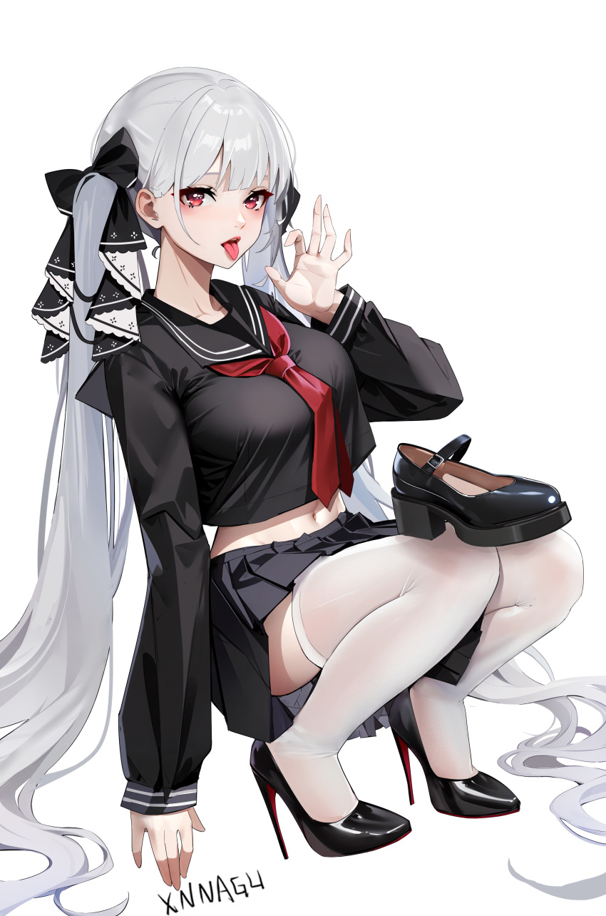 1girl absurdres artist_name azur_lane black_sailor_collar black_serafuku black_skirt breasts fellatio_gesture formidable_(azur_lane) formidable_(the_lover's_heart_flutters_on_duty)_(azur_lane) full_body grey_hair hair_ribbon high_heels highres large_breasts long_hair looking_at_viewer navel navel_peek neckerchief official_alternate_costume red_eyes red_neckerchief ribbon sailor_collar school_uniform serafuku shoes skirt squatting thighhighs tongue tongue_out twintails two-sided_ribbon two-tone_ribbon unworn_shoes very_long_hair white_background white_thighhighs xnnagu