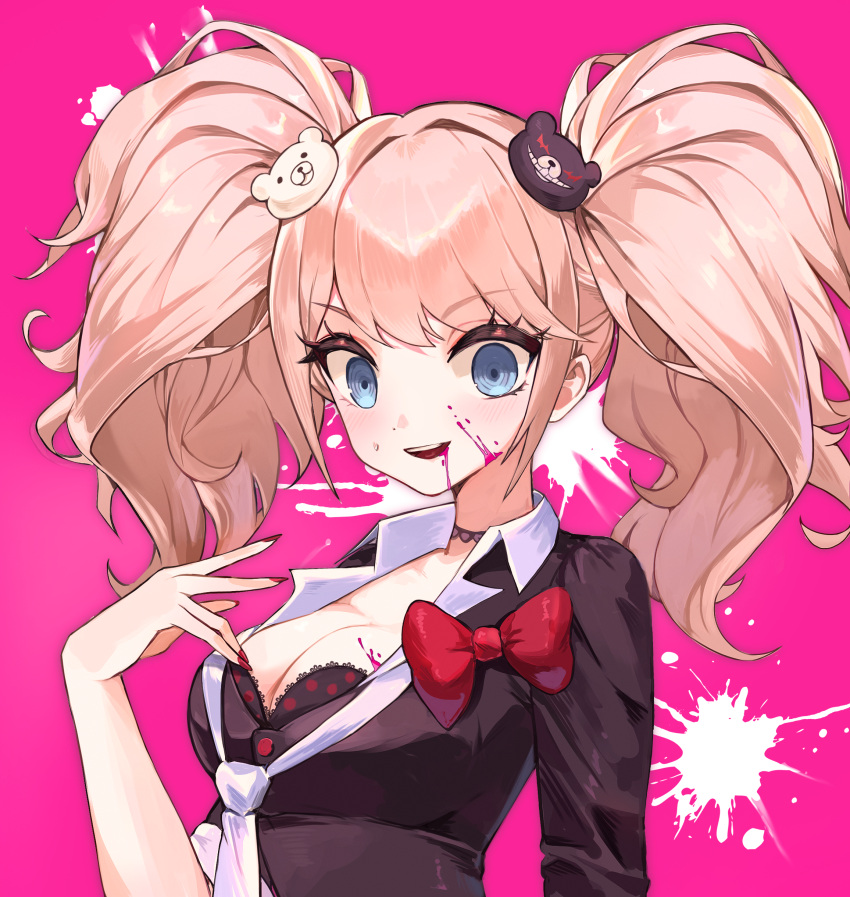 1girl :d absurdres bear_hair_ornament black_bra black_shirt blood blood_from_mouth blood_on_face blue_eyes bow bra breasts cleavage danganronpa:_trigger_happy_havoc danganronpa_(series) enoshima_junko hair_ornament hand_up highres koya_(jana8745) large_breasts long_hair long_sleeves looking_at_viewer nail_polish necktie pink_background pink_blood polka_dot polka_dot_bra red_bow red_nails shirt simple_background smile teeth twintails underwear upper_body upper_teeth_only white_necktie