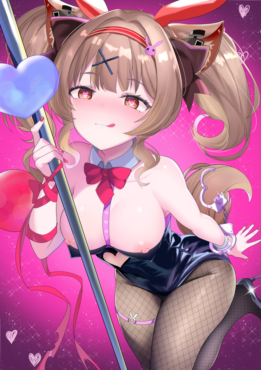 1girl :q absurdres alternate_costume angelina_(arknights) animal_ear_hairband animal_ears arknights arm_ribbon bare_shoulders between_breasts black_leotard blush bow bowtie breasts brown_eyes brown_hair brown_pantyhose chinese_commentary closed_mouth clothing_cutout commentary_request cuffs dated detached_collar fake_animal_ears fingernails fishnet_pantyhose fishnets glint hair_intakes hair_ornament hairband handcuffs heart heart_cutout highres leotard medium_breasts medium_hair nail_polish necktie nipples pantyhose pink_background pink_nails playboy_bunny pole rabbit_hole_(vocaloid) red_bow red_bowtie red_hairband red_necktie red_ribbon ribbon short_necktie solo sparkle tongue tongue_out traditional_bowtie variant_set vocaloid x_hair_ornament zhan_bai_(daviding)