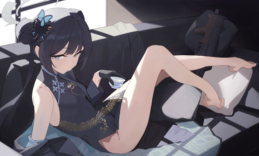 1girl absurdres ass barefoot black_dress black_gloves black_hair blue_archive blush breasts butterfly_hair_ornament china_dress chinese_clothes cs/ls06 double_bun dragon_print dress feet gloves grey_eyes grey_halo gun hair_bun hair_ornament halo highres kisaki_(blue_archive) legs long_hair looking_at_viewer small_breasts solo submachine_gun sukaliya toes twintails weapon
