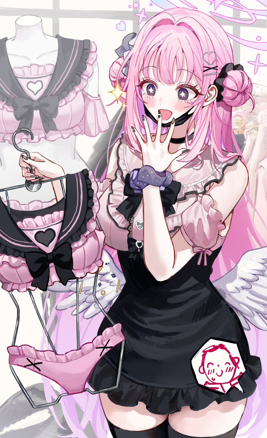1boy 1girl absurdres angel_wings black_dress black_nails black_thighhighs blue_archive blush cowboy_shot doodle_sensei_(blue_archive) double_bun dress feathered_wings fingernails frilled_dress frills hair_bun halo highres long_hair mell_(dmwe3537) mika_(blue_archive) nail_polish open_mouth pink_hair pink_halo pink_shirt sensei_(blue_archive) shirt short_sleeves smile thighhighs white_wings wings