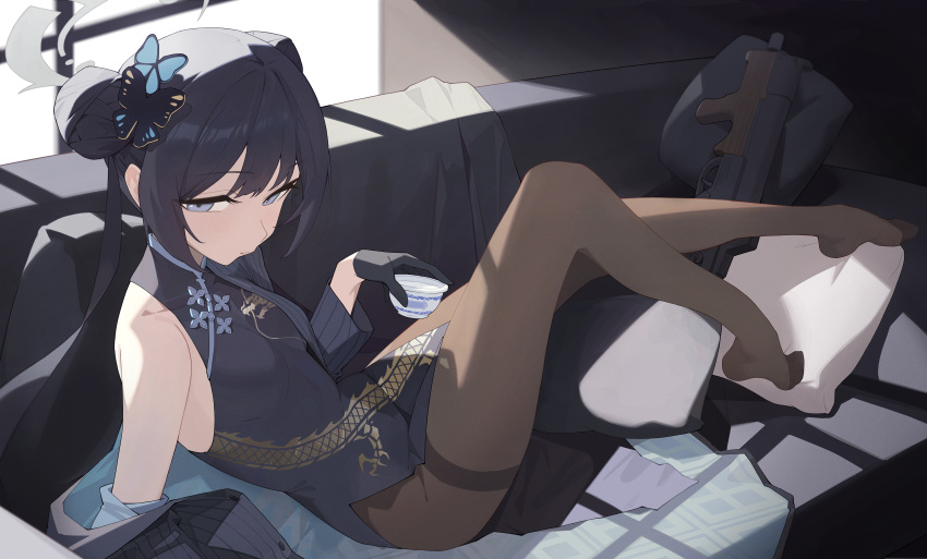 1girl absurdres ass black_dress black_gloves black_hair black_pantyhose blue_archive blush breasts butterfly_hair_ornament china_dress chinese_clothes cs/ls06 double_bun dragon_print dress feet gloves grey_eyes grey_halo gun hair_bun hair_ornament halo highres kisaki_(blue_archive) legs long_hair looking_at_viewer no_shoes pantyhose small_breasts solo submachine_gun sukaliya toes twintails weapon