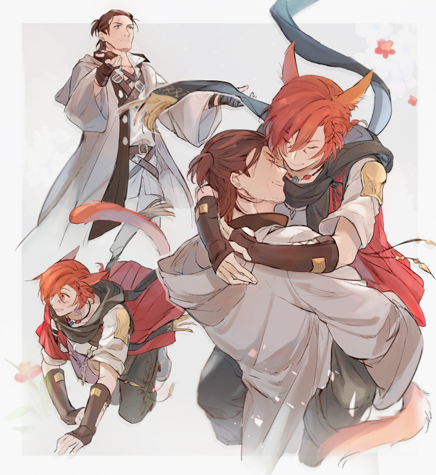2boys adventurer_(ff14) all_fours animal_ears archon_mark arms_around_neck belt black_pants black_scarf blue_eyes border bracer braid brown_hair carrying carrying_person cat_boy cat_ears cat_tail chest_harness closed_eyes coat facial_mark facing_another final_fantasy final_fantasy_xiv full_body g'raha_tia grey_background hair_ornament harness highres hood hood_down hooded_coat hyur jacket jewelry male_focus medium_hair mid.m miqo'te multiple_boys multiple_views neck_tattoo open_mouth outside_border pants pendant red_eyes red_hair red_jacket scarf shirt short_hair simple_background single_braid smile standing tail tattoo viper_(final_fantasy) warrior_of_light_(ff14) white_border white_coat white_shirt wide_sleeves x_hair_ornament yaoi