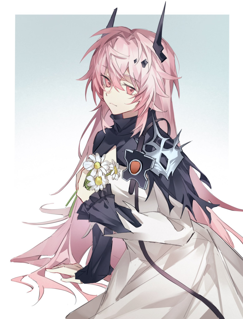 1girl arknights arm_support armor black_dress border commentary cowboy_shot dress flower frown gradient_background grey_background highres holding holding_flower horns long_sleeves looking_to_the_side pink_eyes pink_hair shiba257 shorts shoulder_armor solo theresa_(arknights) two-tone_dress white_dress