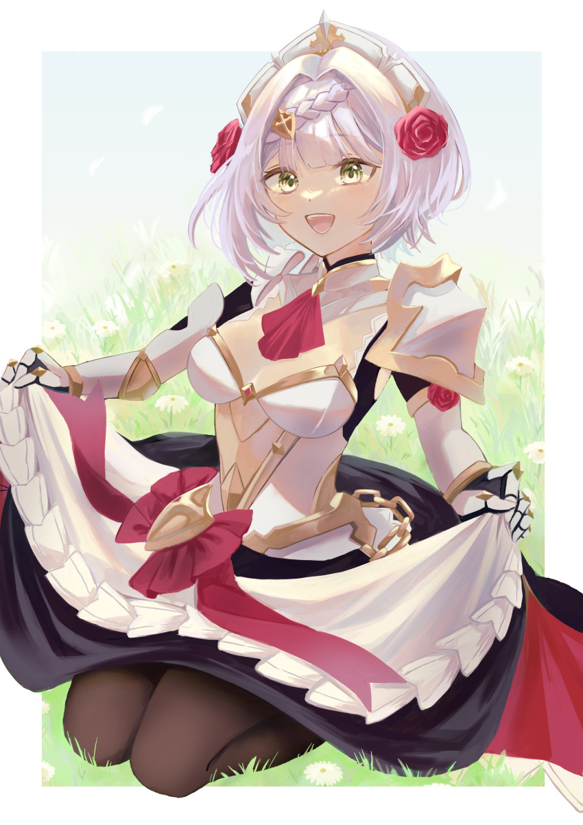 1girl :d absurdres apron armor armored_dress ascot blue_sky boobplate bow braid braided_bangs breasts brooch brown_pantyhose chain cleavage dress_bow field flower flower_field frilled_apron frills gauntlets genshin_impact gold_chain gold_trim green_eyes grey_hair hair_flower hair_intakes hair_ornament highres jewelry kneeling looking_at_viewer maid maid_apron maid_headdress medium_breasts noelle_(genshin_impact) on_grass outdoors outside_border pantyhose red_ascot red_bow red_flower red_rose rose short_hair shoulder_armor sidelocks skirt_hold sky smile teeth tsuchinoko_(vjde8458) tsurime upper_teeth_only white_apron white_flower