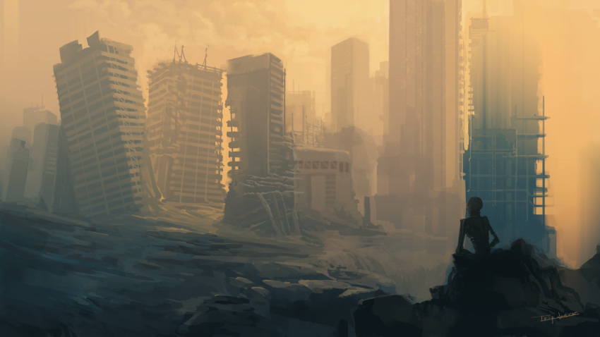 1other artist_name building city cityscape collapsed commentary english_commentary highres orange_sky original post-apocalypse rock rubble ruins scenery sitting sitting_on_rock sky tripdancer