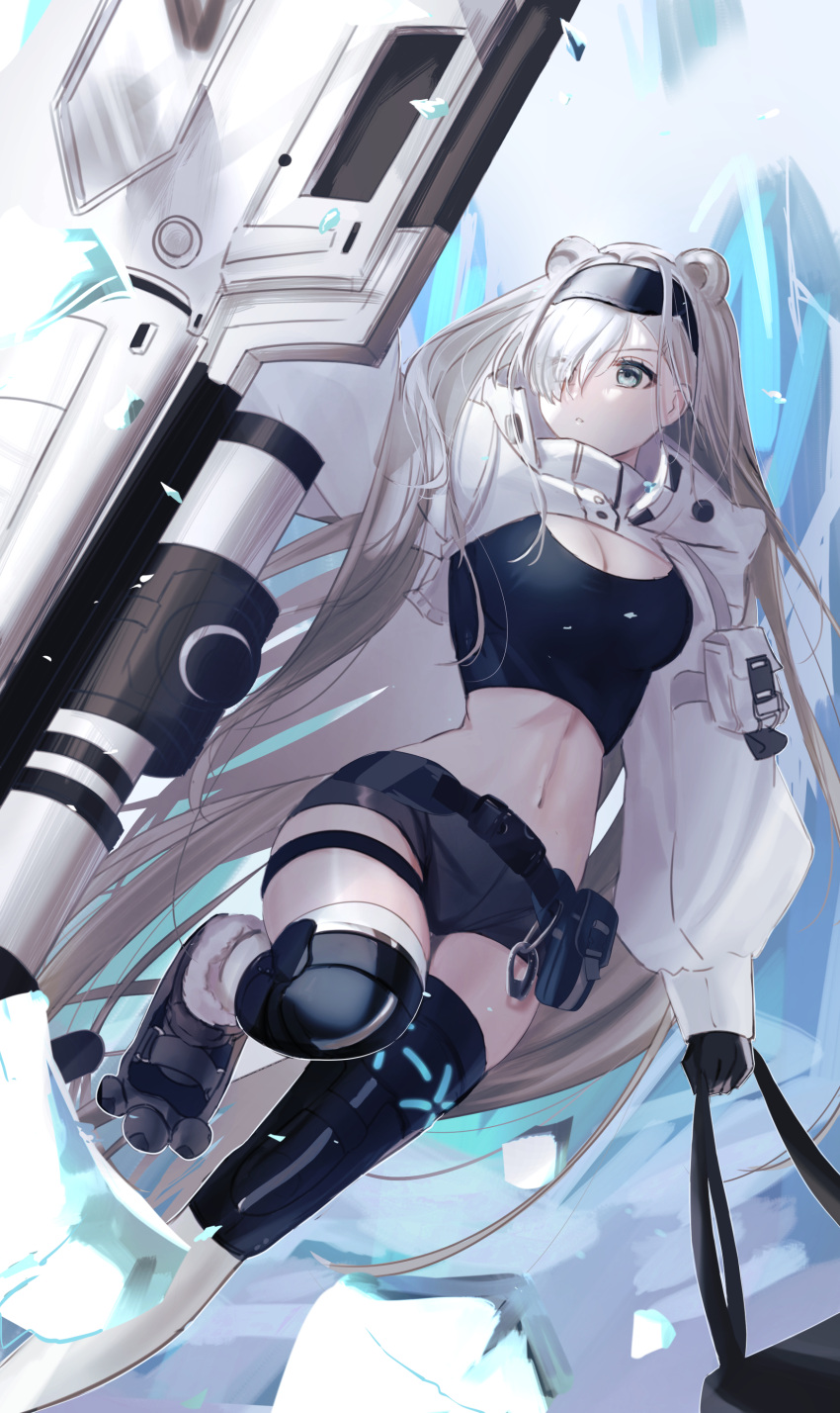 1girl absurdres animal_ears arknights aurora_(arknights) bangs bear_ears black_footwear black_hairband black_shirt black_shorts black_thighhighs breasts cleavage commentary_request crop_top grey_eyes hair_over_one_eye hairband highres infection_monitor_(arknights) long_hair long_sleeves lucy_(rusi-juren328) medium_breasts midriff navel parted_lips shield shirt short_shorts shorts shrug_(clothing) solo stomach thighhighs very_long_hair white_hair
