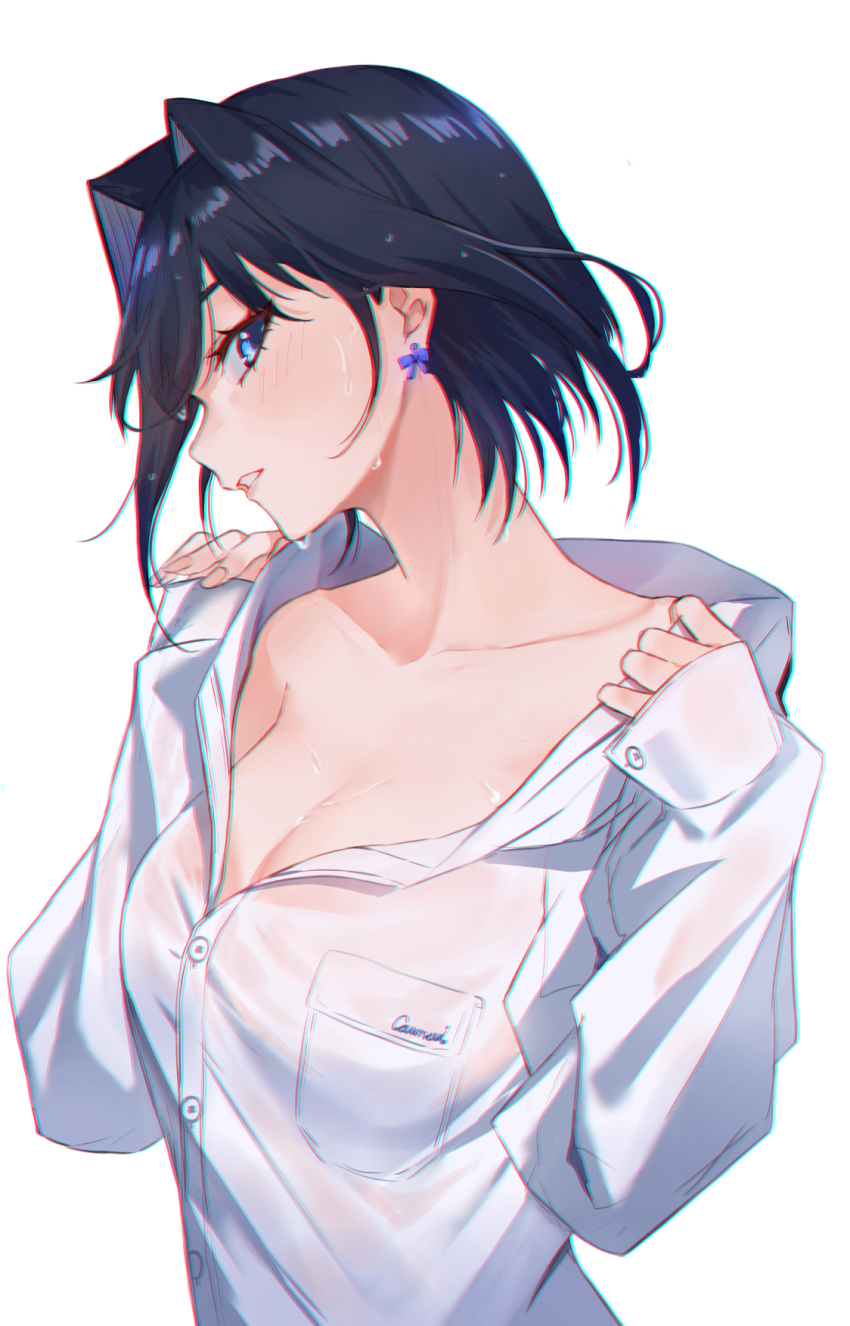1girl bangs blue_eyes blue_hair blush bow bow_earrings breast_pocket breasts cleavage collarbone collared_shirt dress_shirt earrings hair_intakes highres hololive hololive_english jewelry large_breasts long_sleeves looking_at_viewer looking_to_the_side ouro_kronii pocket profile saco_(cgmore) shirt short_hair simple_background sleeves_past_wrists solo sweat undressing upper_body virtual_youtuber white_background white_shirt