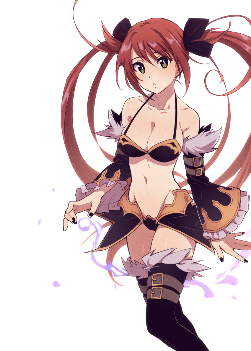 1girl airi_(queen's_blade) armor bikini_armor black_bow black_thighhighs blue_eyes bow breasts cleavage collar collarbone commentary_request detached_sleeves hair_bow highres long_hair looking_at_viewer medium_breasts navel nifffi queen's_blade queen's_blade_limit_break red_hair solo thighhighs twintails very_long_hair