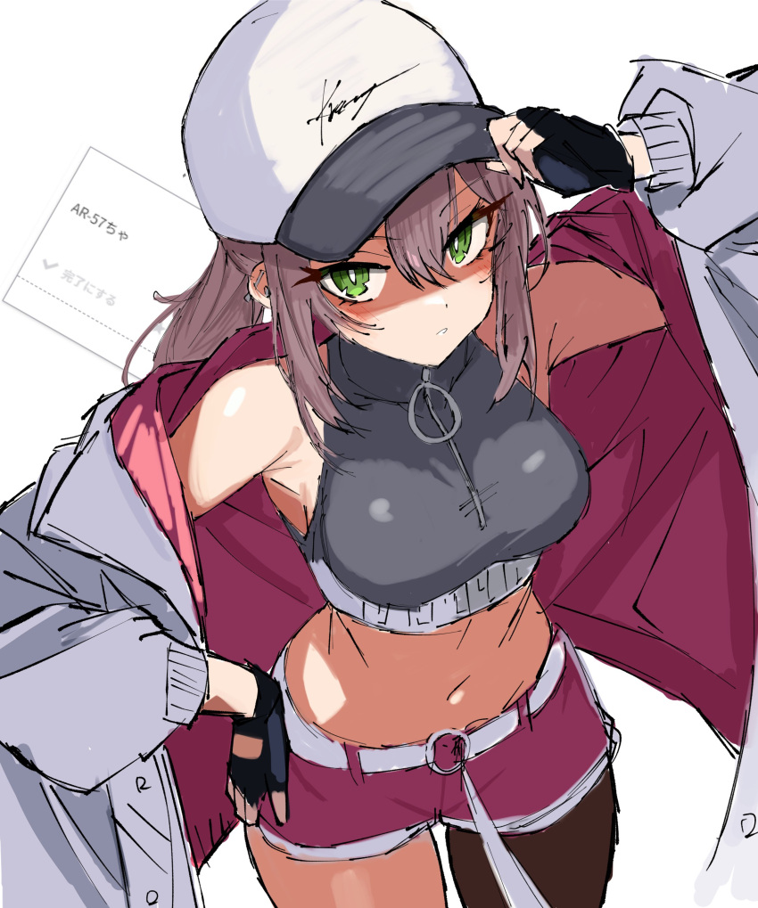 1girl absurdres ar-57_(girls'_frontline) armpits asymmetrical_legwear breasts cowboy_shot crop_top fingerless_gloves girls'_frontline gloves green_eyes hand_on_headwear hand_on_own_hip hat highres jacket navel open_clothes open_jacket r_scrubed solo tank_top