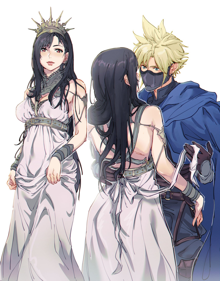 1boy 1girl baggy_pants bare_shoulders belt belt_buckle black_hair blonde_hair blue_cape blue_eyes bracelet breasts brown_gloves buckle cape cleavage closed_mouth clothes_lift cloud_strife cloud_strife_(alphreid_costume) couple crown dress dress_lift earrings feet_out_of_frame final_fantasy final_fantasy_vii final_fantasy_vii_rebirth final_fantasy_vii_remake gloves hand_on_another's_hip highres jewelry large_breasts light_blush lips long_hair looking_at_another looking_at_viewer mask mouth_mask multiple_views official_alternate_costume pants pink_lips princess_rosa_costume pudelmudel red_eyes single_earring spiked_hair stud_earrings tiara tifa_lockhart tifa_lockhart_(loveless_dress) white_background white_dress