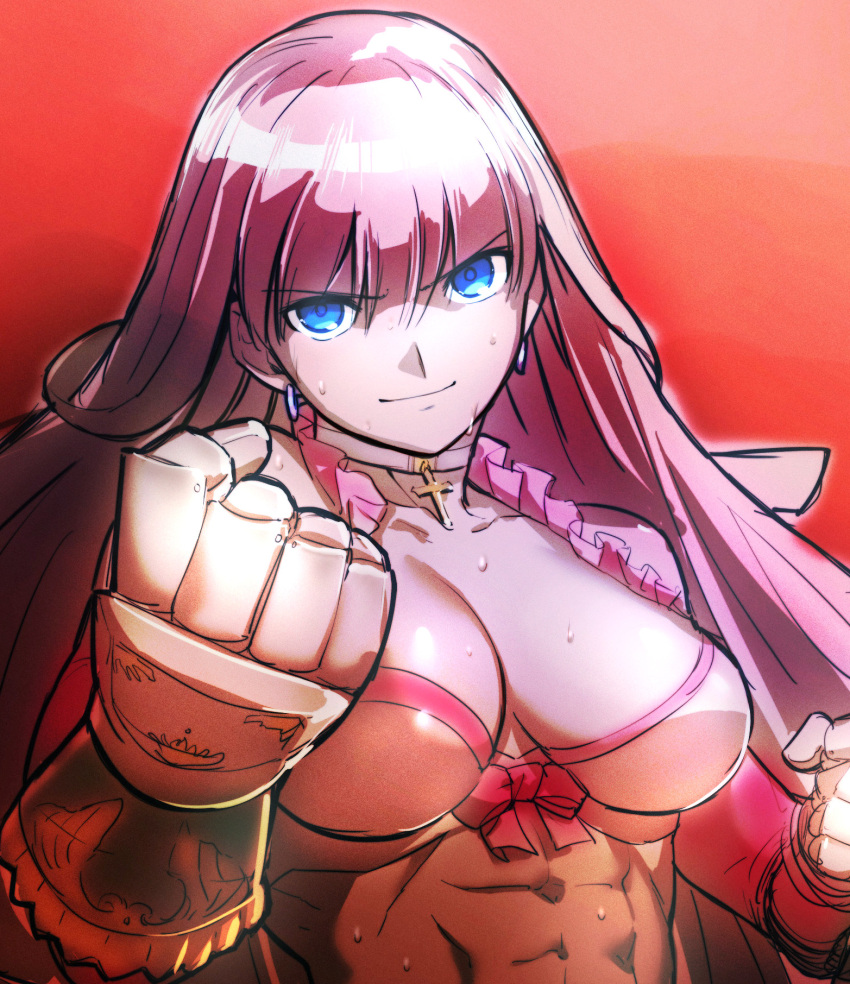 1girl abs aoba_(smartbeat) bangs bare_shoulders bikini blue_eyes breasts choker cleavage clenched_hand collarbone cross cross_choker elbow_gloves fate/grand_order fate_(series) gauntlets gloves highres large_breasts long_hair looking_at_viewer martha_(fate) martha_(swimsuit_ruler)_(fate) muscular muscular_female purple_hair red_gloves smile solo sweat swimsuit white_bikini