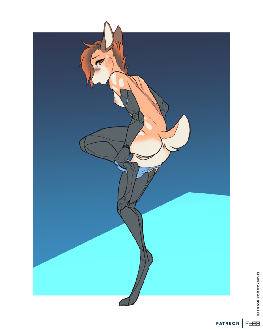 anthro areola bare_breasts blue_clothing blue_panties blue_underwear blush breasts brown_body brown_eyes brown_fur brown_hair clothed clothing colored cybernetic_arm cybernetic_leg cybernetic_limb cybernetics cyborg deer digital_media_(artwork) female flat_colors foxboy83 full-length_portrait fur genitals hair hi_res innie_pussy looking_at_viewer machine mammal mostly_nude nipples open_mouth panties partially_clothed portrait prosthetic prosthetic_arm prosthetic_limb pussy scar short_hair short_tail simple_background solo standing tail underwear