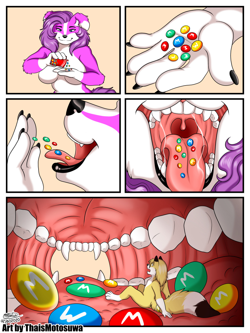 2020 absurd_res anthro bodily_fluids candy canid canine canis comic comic_panel dessert domestic_dog duo extreme_size_difference female food fox hi_res m&amp;m's macro male male/female mammal mars_incorporated mawplay micro mouth_shot open_mouth saliva size_difference teeth thaismotosuwa tongue tongue_out vore