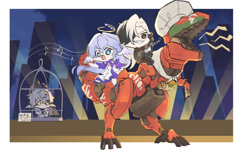 1girl 2boys :d black_eyes blue_eyes blue_hair boothill_(honkai:_star_rail) border bright_pupils cage chef_hat chibi chibi_only dinosaur dreamjolt_troupe's_beyond_overcooked from_side full_body grin gun halo hat head_wings highres holding holding_gun holding_weapon honkai:_star_rail honkai_(series) in_cage long_hair multicolored_hair multiple_boys musical_note non-humanoid_robot one_eye_covered open_mouth outside_border potatotries red_pupils riding robin_(honkai:_star_rail) robot sitting smile staff_(music) sunday_(honkai:_star_rail) two-tone_hair weapon white_border white_hair white_pupils wings yellow_eyes